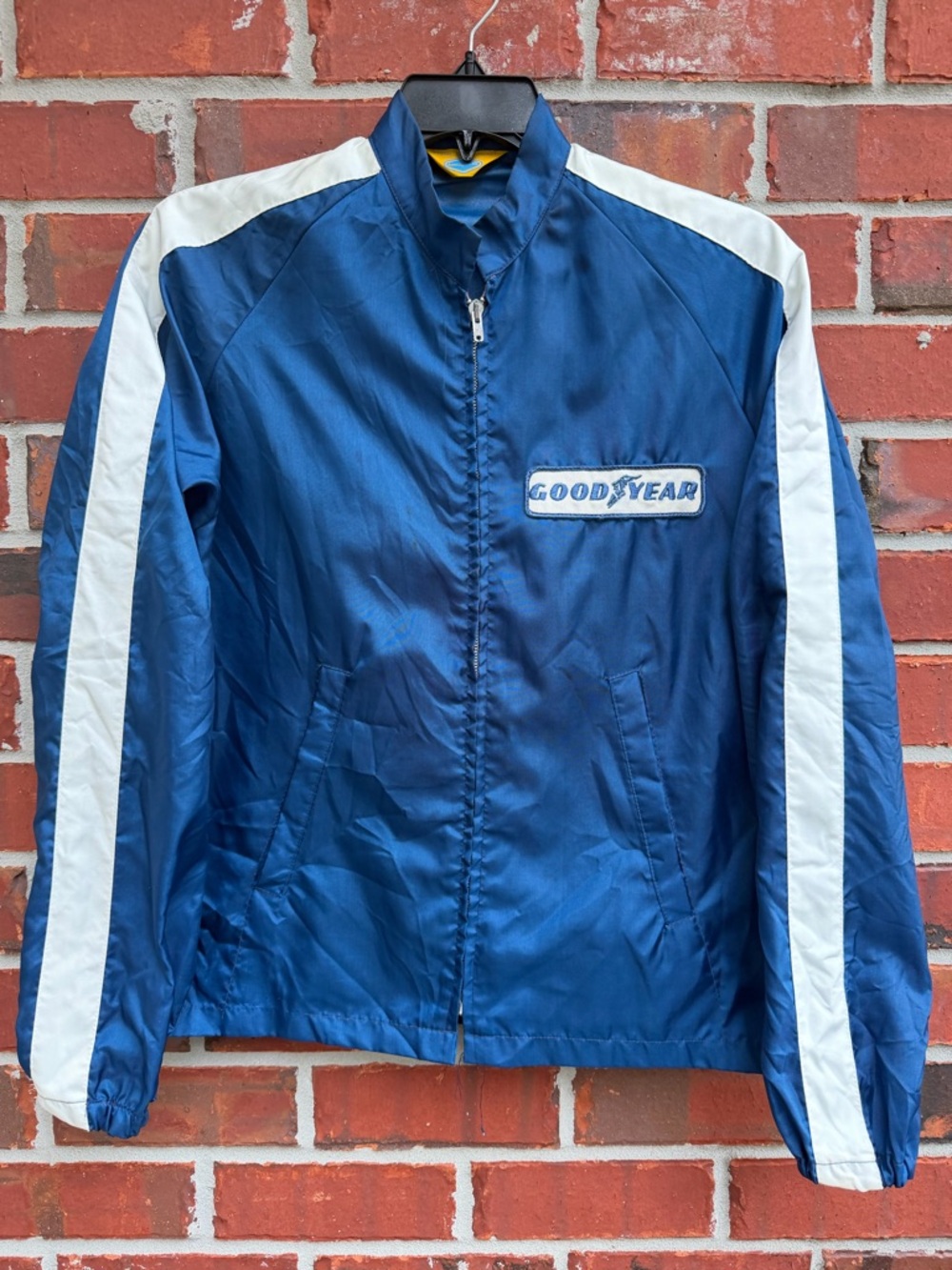 Vintage Goodyear Large Full Zip Blue Official Racing Jacket w/ White Stripes F6